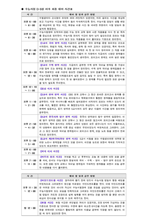 [유성룡의 입시 포인트] 수능시험 D-14일 최종 마무리 대비법 수능시험 시간표 생각하며 마인트컨트롤로 대비하라!